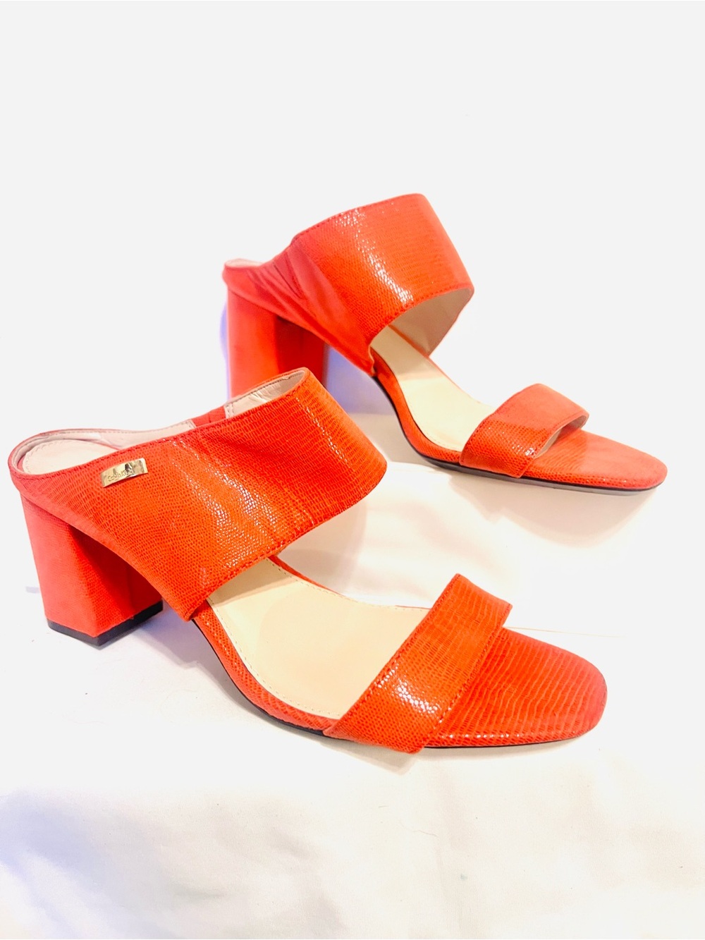 Calvin Klein Cirella Orange Two-Band Block Heel Mules-Sz. 9-3" Heels-Classy